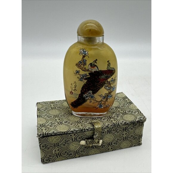 Vintage Chinese Reverse Handpainted Peacock Bird Floral Glass Snuff Bottle Box - Picture 1 of 16